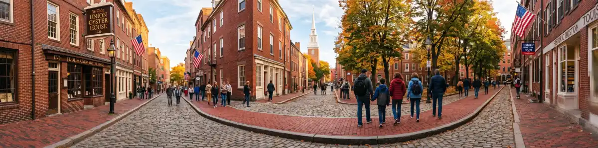 Boston Freedom Trail red brick path through historic downtown with colonial buildings