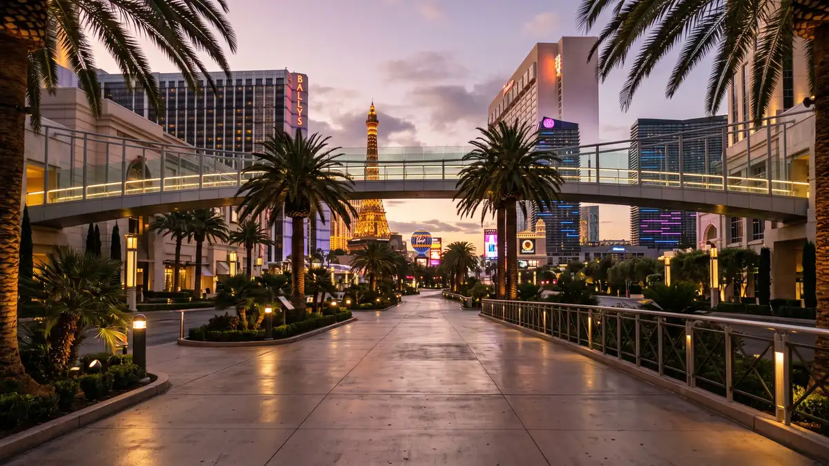 Las Vegas Strip pedestrian walkway near T-Mobile Arena and The Park entertainment district