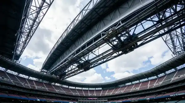 Inside T-Mobile Park looking across the baseball diamond with retractable roof open and Seattle skyline