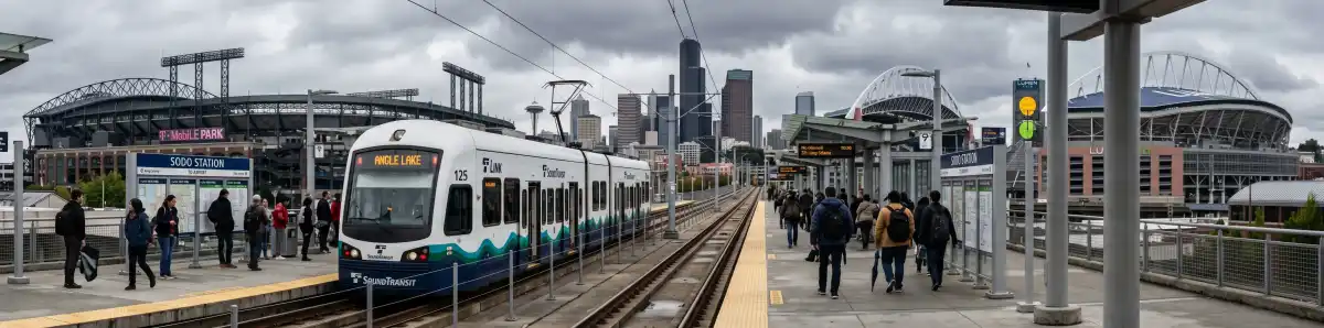 Seattle Link Light Rail train arriving at Stadium station with T-Mobile Park visible in the background