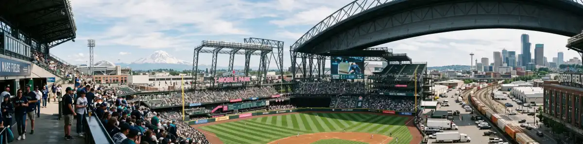 T-Mobile Park exterior at golden hour with fans walking along 1st Avenue South toward the entrance with the retractable roof visible against a Pacific Northwest sky