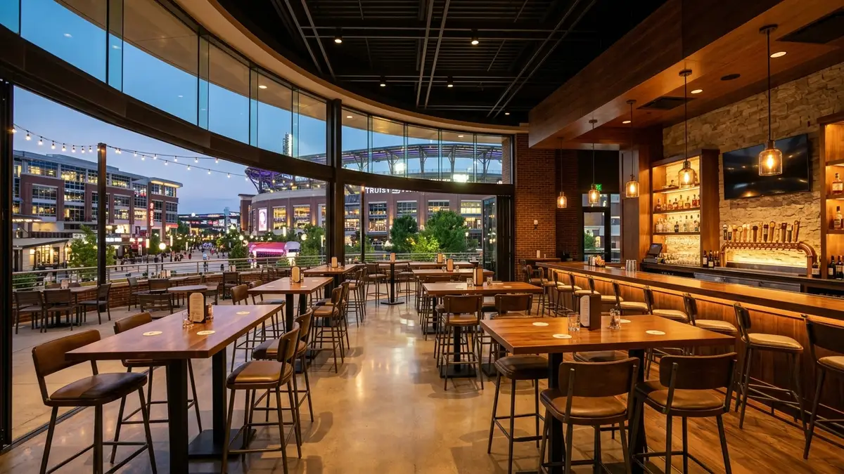 Craft beer flight at a sports bar near Truist Park with baseball on TV