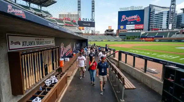 Inside Truist Park during a ballpark tour with view of the green baseball diamond