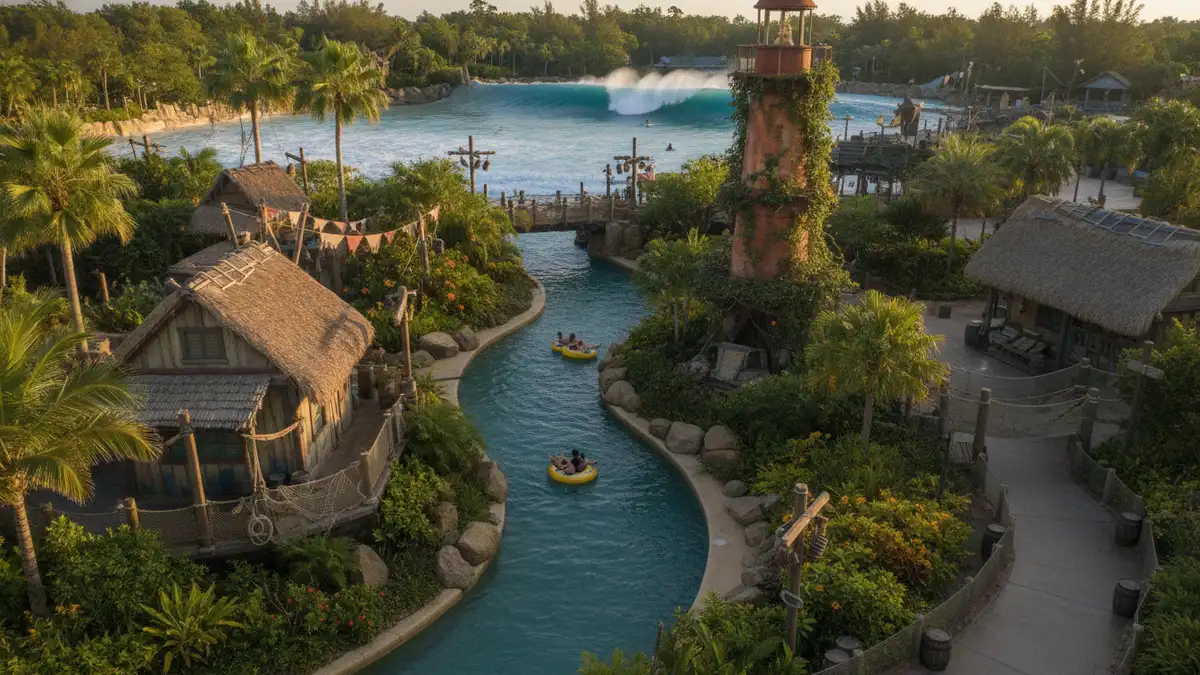 Castaway Creek lazy river winding through tropical gardens at Disney's Typhoon Lagoon Orlando Florida