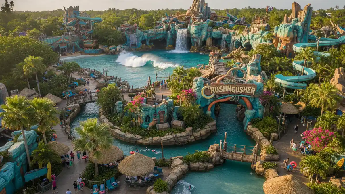 Crush n Gusher water coaster area with tube slides at Disney's Typhoon Lagoon Orlando Florida