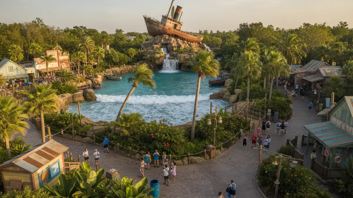 Mt. Mayday slide tower with Miss Tilly shrimp boat and waterslides at Disney's Typhoon Lagoon Orlando