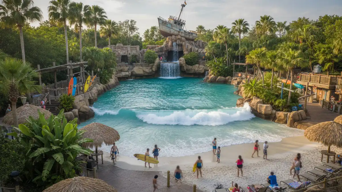 Typhoon Lagoon Surf Pool wave pool with sandy beach and 6-foot waves Orlando Florida