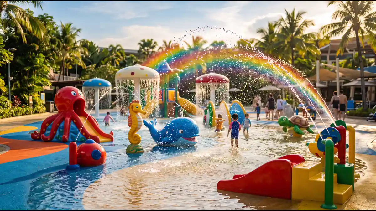 Ketchakiddee Creek toddler splash area with mini slides and fountains at Disney's Typhoon Lagoon Orlando