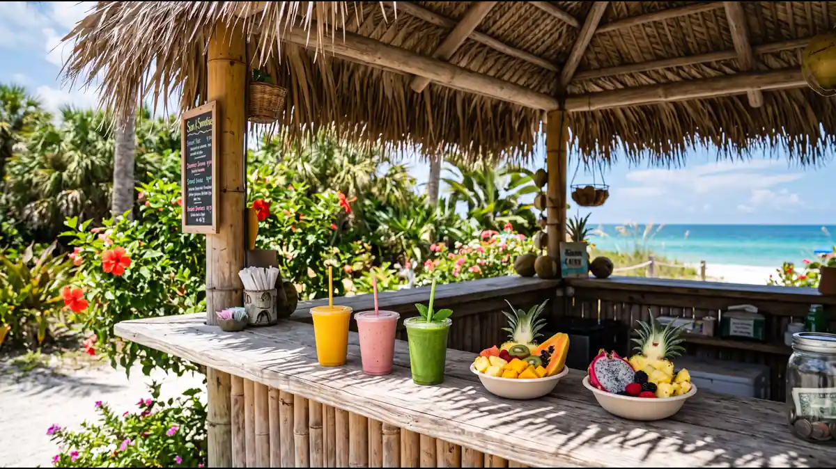 Tropical food and refreshments served at a thatched-roof dining area at Disney's Typhoon Lagoon Orlando Florida