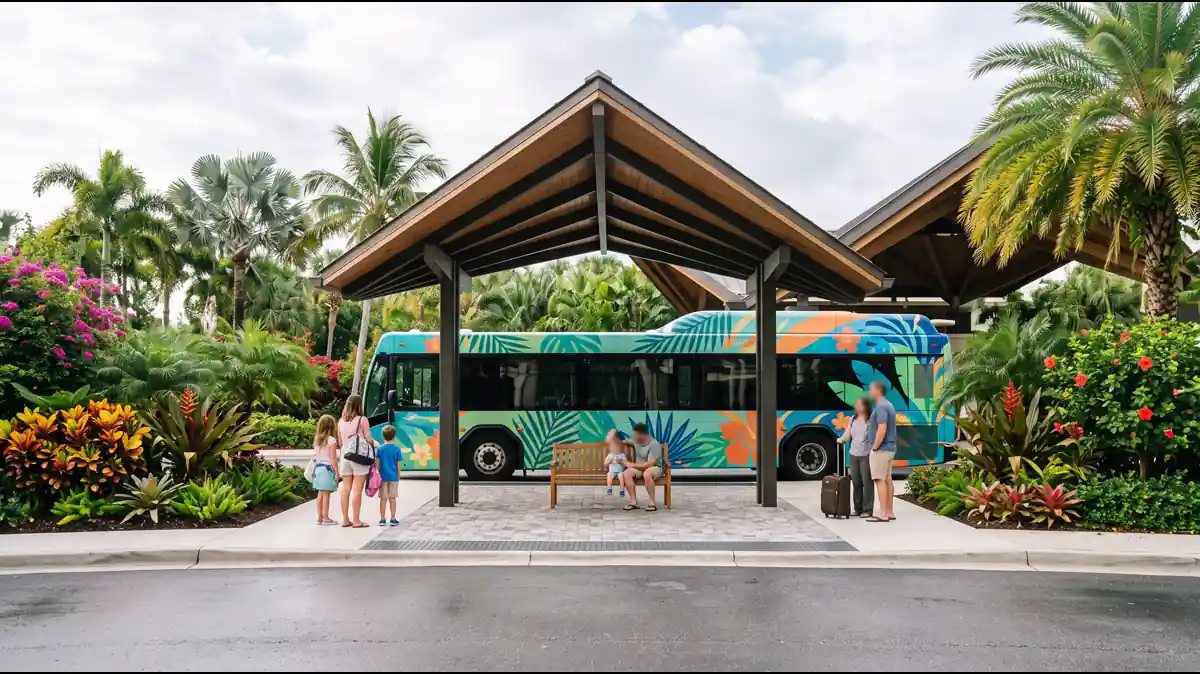 Main entrance building and changing room facilities at Disney's Typhoon Lagoon water park Orlando Florida