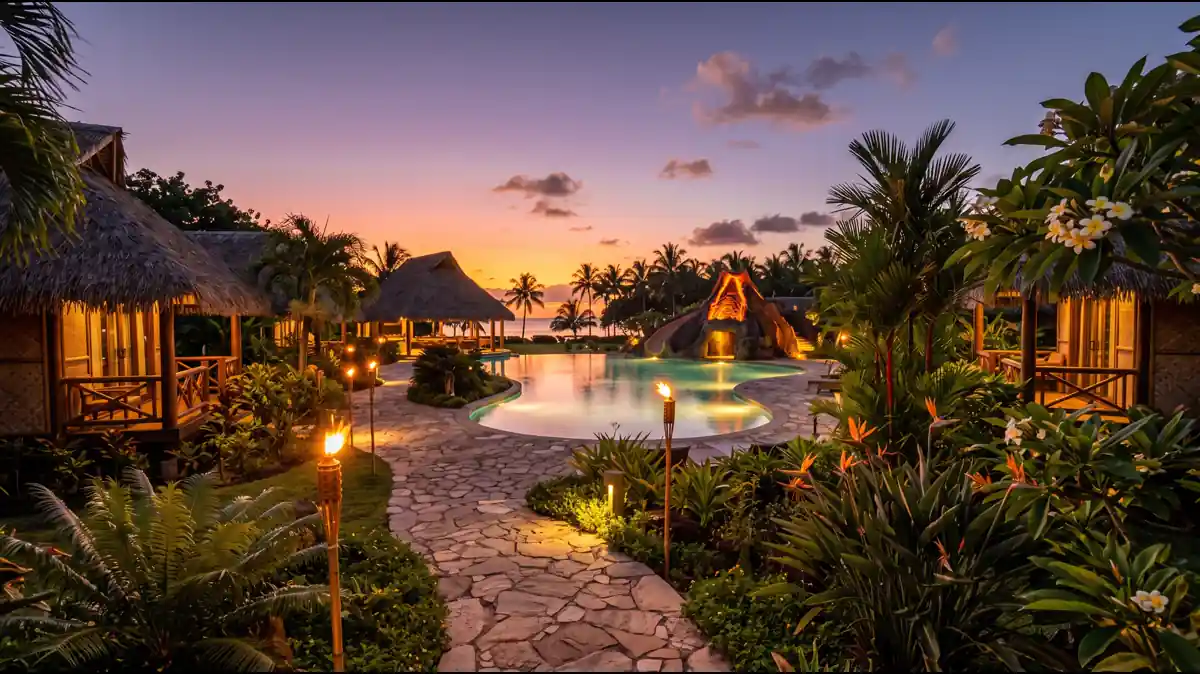 Walt Disney World resort hotels with tropical landscaping near Typhoon Lagoon water park Orlando Florida