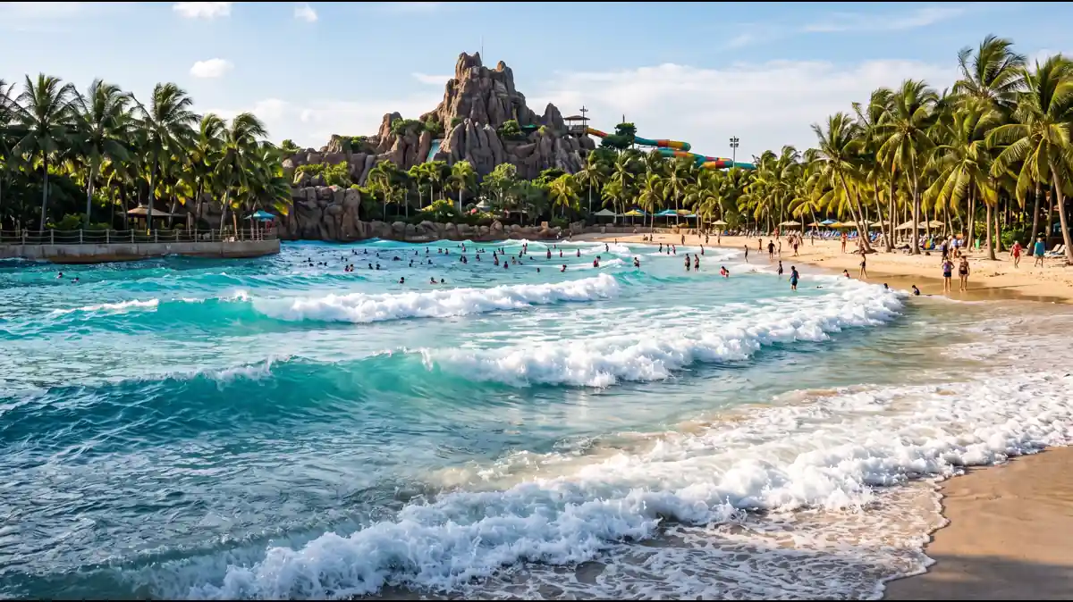 Mt. Mayday with Miss Tilly shrimp boat and waterslides cascading down at Disney's Typhoon Lagoon water park Orlando Florida