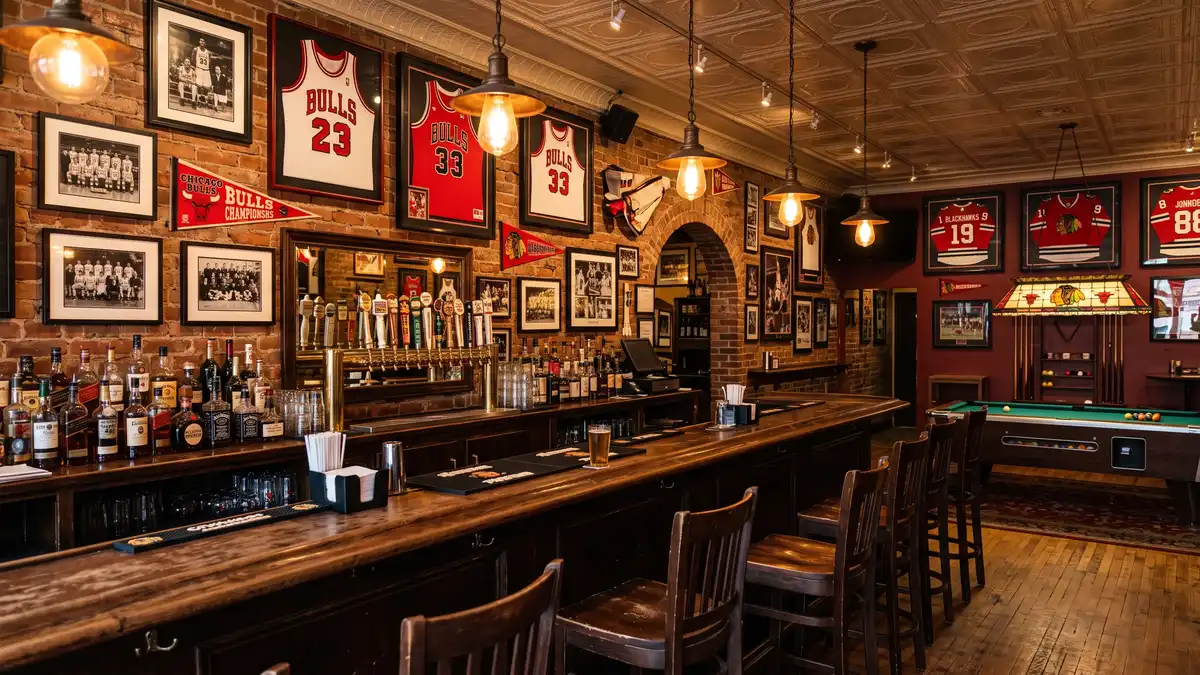 Cold craft beers on a sports bar counter with a basketball game on TV screens in Chicago