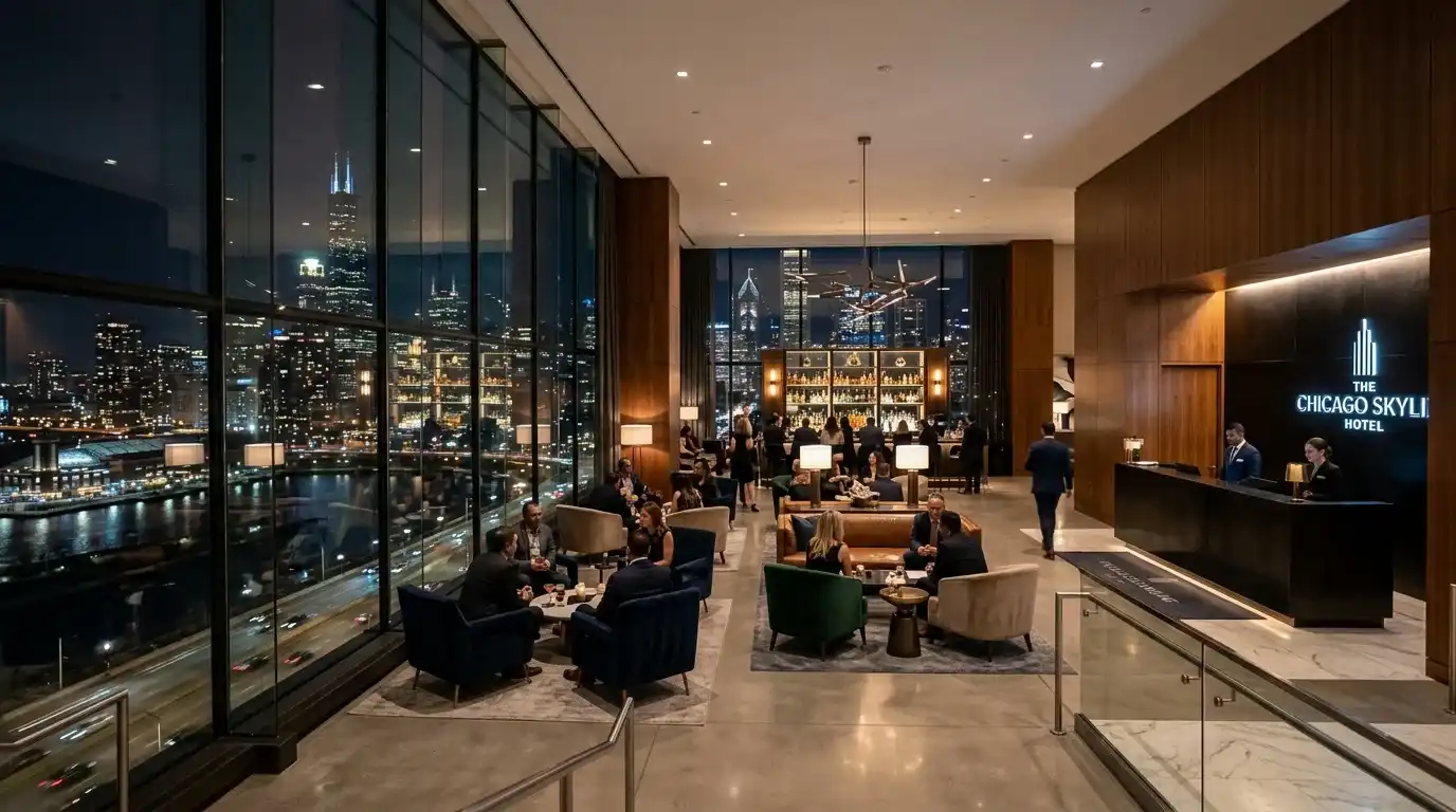 Modern hotel lobby in Chicago West Loop neighborhood near United Center