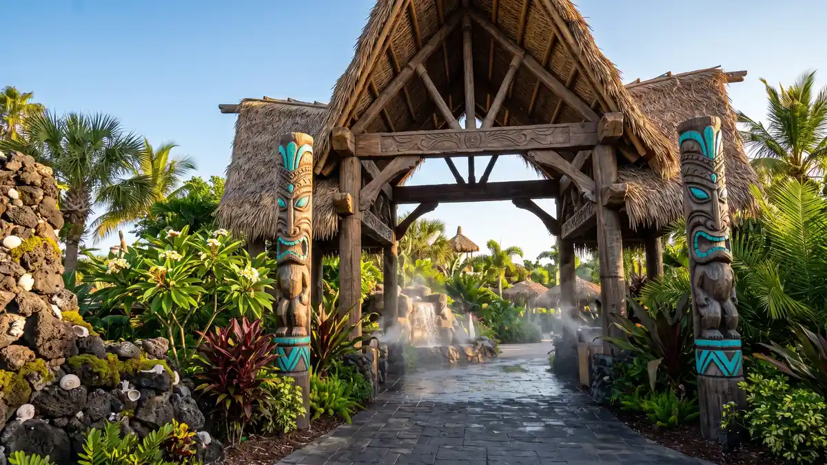 Main entrance building and guest services area at Universal's Volcano Bay Orlando Florida