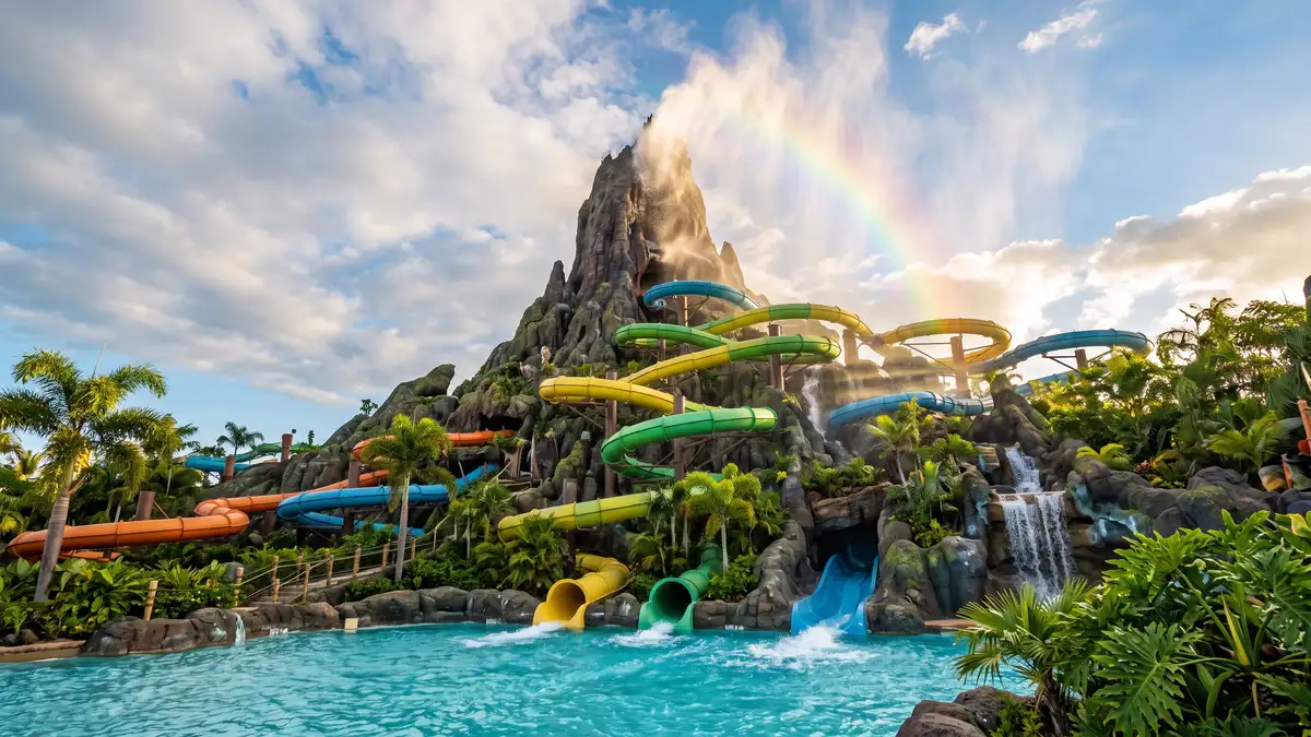 Krakatau volcano centerpiece with waterfalls and tropical landscaping at Volcano Bay Orlando Florida