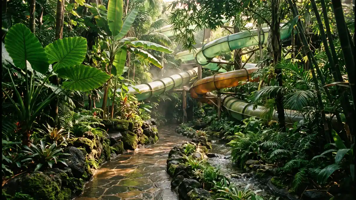 Rainforest Village themed area with tropical vegetation and water slides at Volcano Bay Orlando Florida