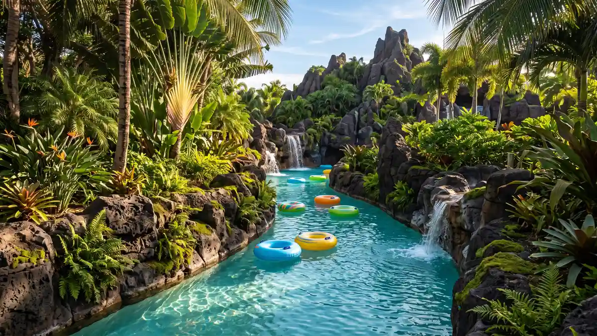 River Village area with Tot Tiki Reef toddler splash zone and lazy river at Volcano Bay Orlando Florida