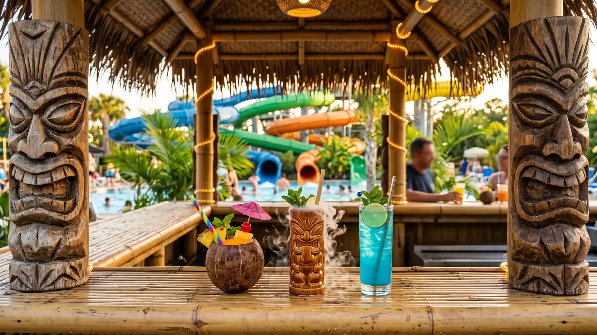 Tropical dining hut with thatched roof serving island cuisine at Volcano Bay Orlando