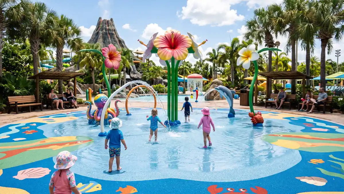 Tot Tiki Reef toddler splash area with mini fountains and shallow water at Volcano Bay Orlando