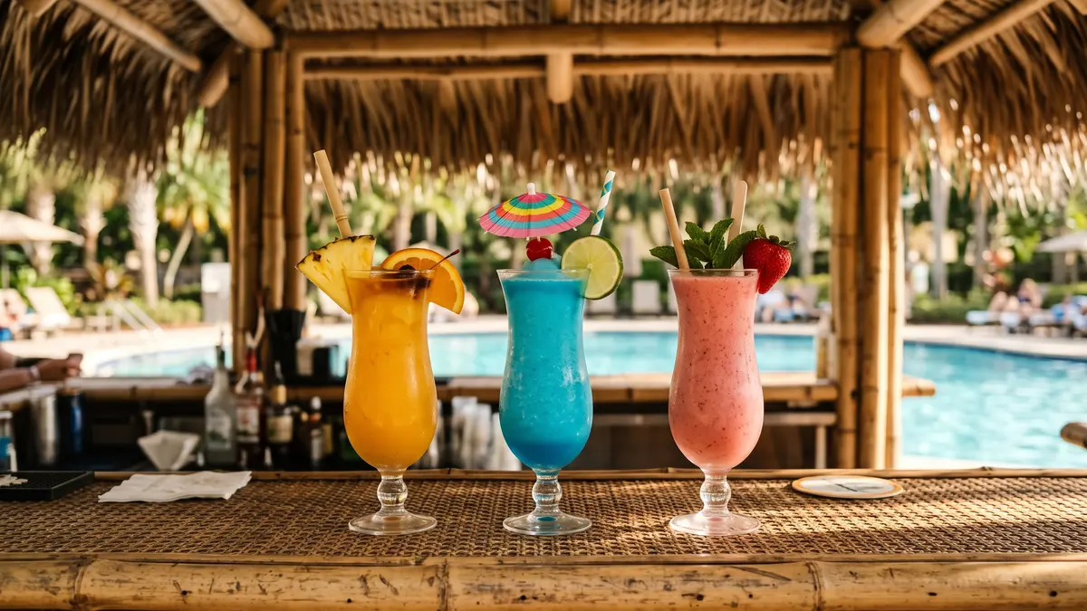 Tropical food and refreshments served in tiki-themed dining area at Universal's Volcano Bay Orlando Florida