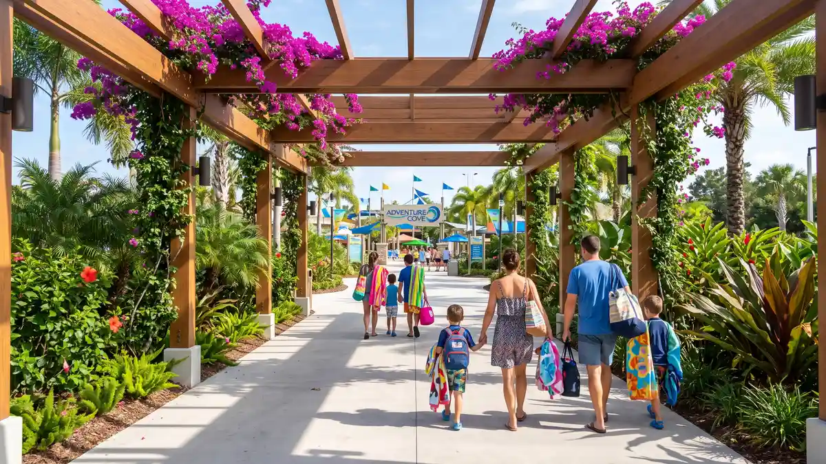 Main entrance building and changing room facilities at Universal's Volcano Bay water park Orlando Florida