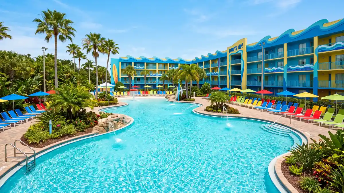 Universal's Endless Summer Resort Surfside Inn colorful beach-themed budget hotel near Volcano Bay Orlando