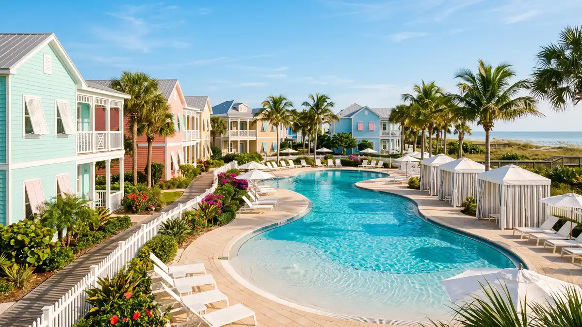 Universal's Endless Summer Resort Dockside Inn colorful budget hotel with large pool near Volcano Bay Orlando