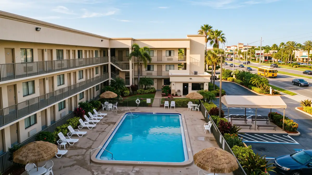 International Drive budget hotel strip with family-friendly accommodations near Universal Orlando and Volcano Bay