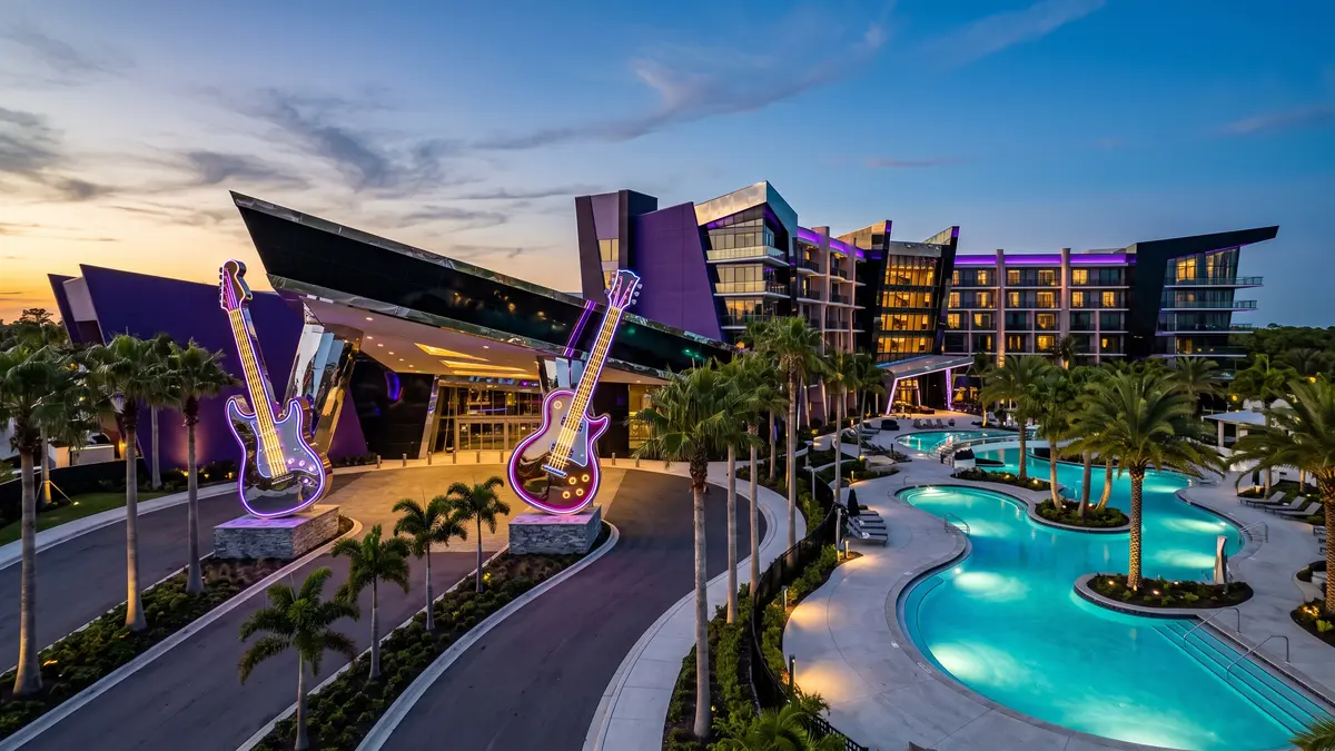 Hard Rock Hotel rock-and-roll themed luxury resort with iconic pool near Universal Orlando and Volcano Bay