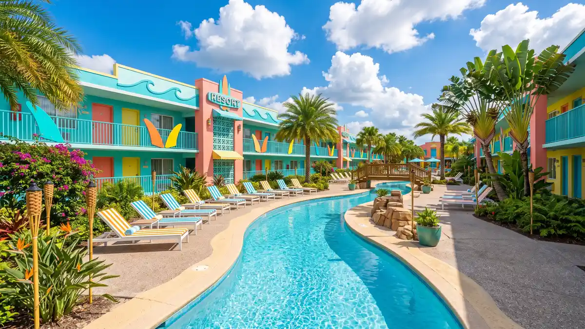 Universal's Cabana Bay Beach Resort retro-themed pool with lazy river walking distance from Volcano Bay