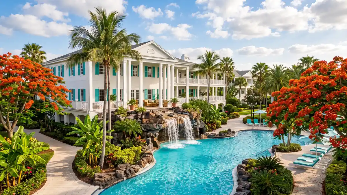 Loews Sapphire Falls Resort Caribbean-themed hotel with waterfall pool near Universal Orlando and Volcano Bay