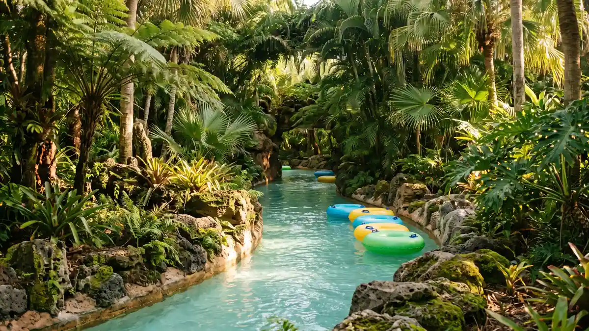 Krakatau volcano with waterfalls cascading down the volcanic rock at Universal's Volcano Bay water park Orlando Florida