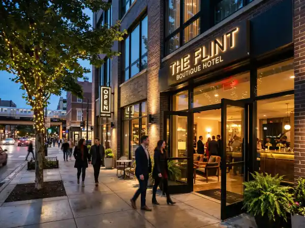 Boutique hotel entrance at dusk in Wrigleyville near Wrigley Field