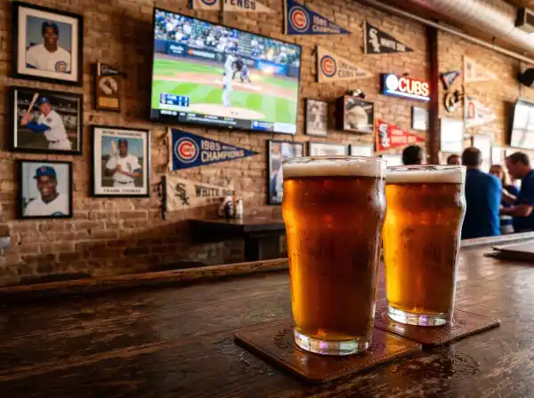 Two pints of craft beer at a Chicago sports bar with Cubs memorabilia and a baseball game on TV