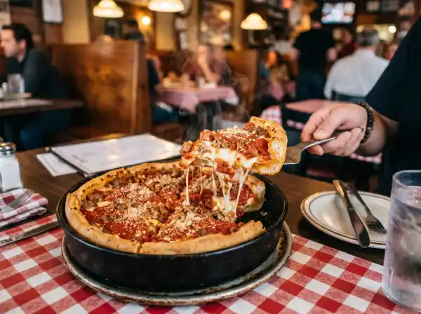 Deep dish Chicago pizza being served at a restaurant near Wrigley Field