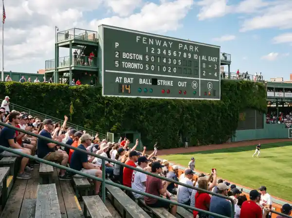 Wrigley Field hand-turned scoreboard and ivy-covered outfield wall from the bleachers