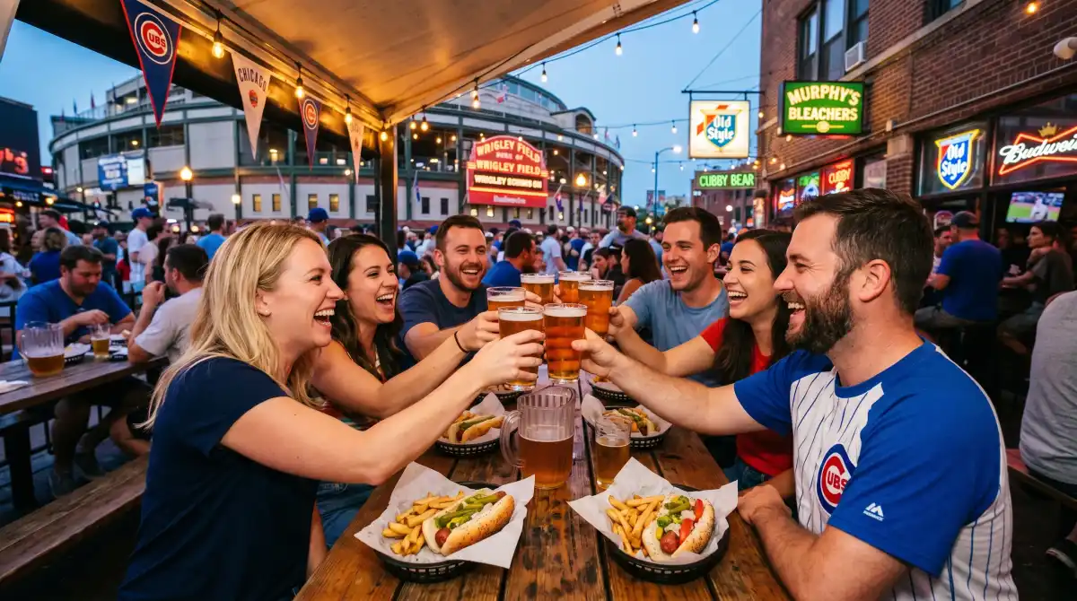 Wrigleyville bar scene with friends enjoying craft beers and Chicago-style hot dogs at an outdoor patio before a Cubs game