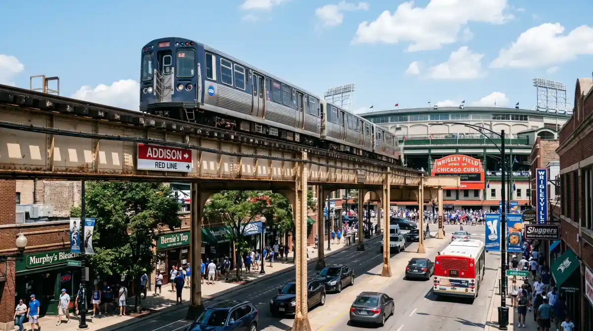 CTA elevated train in Wrigleyville with Wrigley Field visible in the background on a clear Chicago day