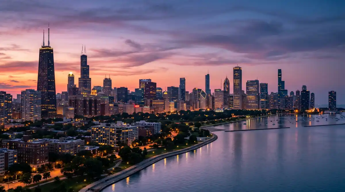 Chicago skyline at dusk with Lake Michigan visible and hotel buildings illuminated