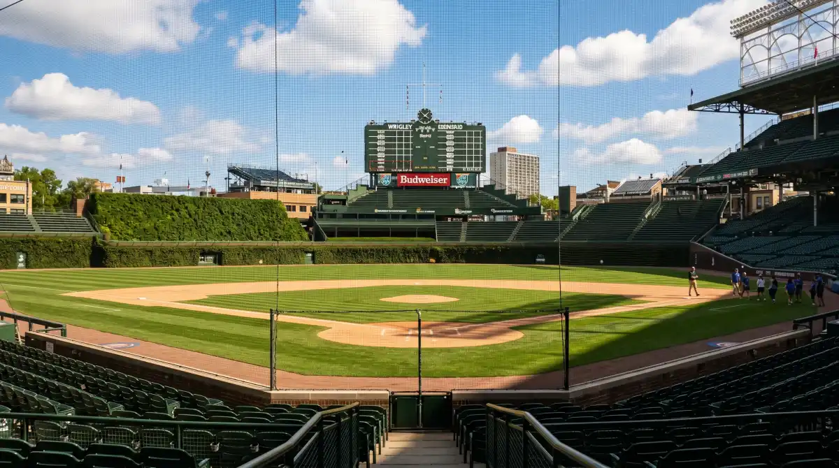 Inside Wrigley Field looking out at the ivy-covered outfield walls, green grass diamond and the hand-turned scoreboard